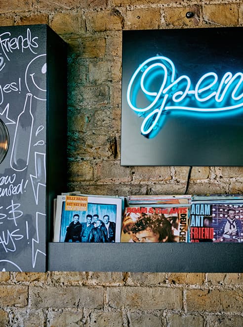 interior of the vinyl cafe, with records on display